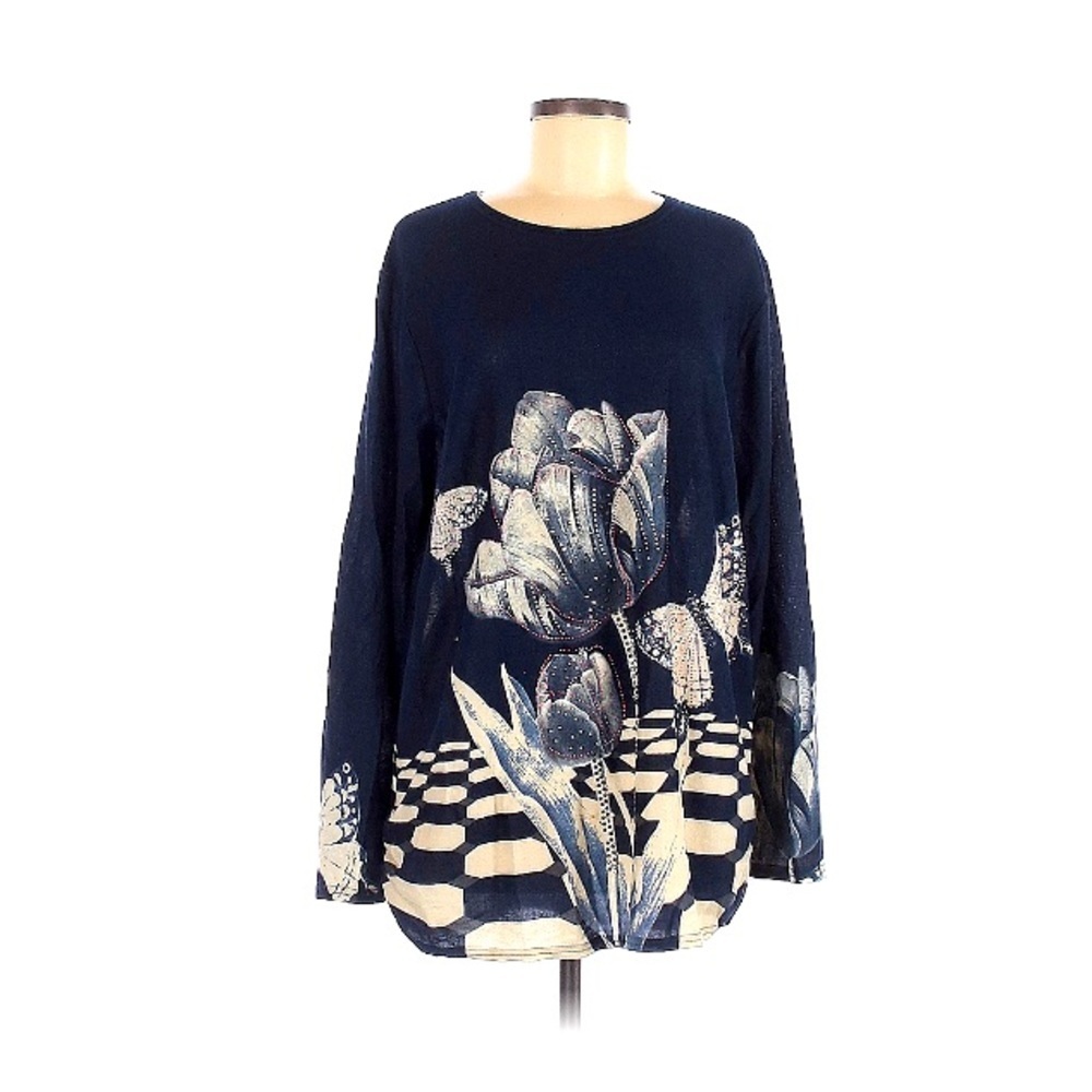 JVINI | Long Sleeve Top One Size Floral Design Blue White